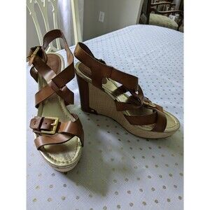 Liz Claiborne Sandals Womens Sz 9 Espadrille Wedge AnkleStrap Brown Faux Leather